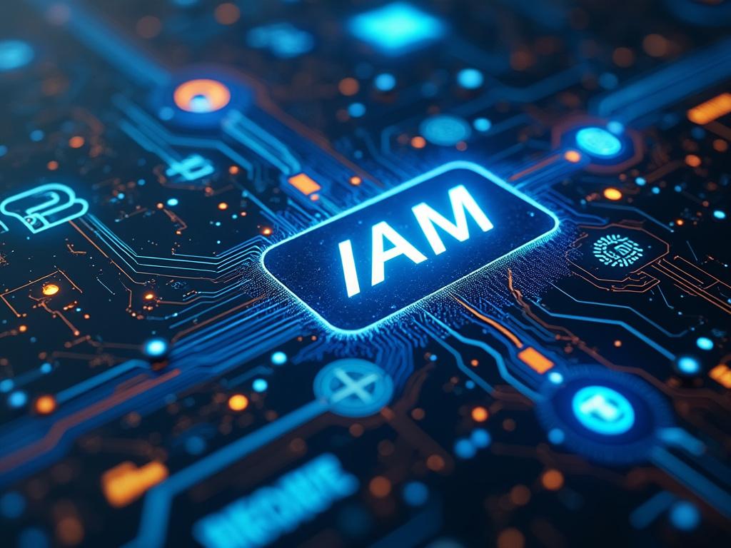 Illustration of IAM (Identity and Access Management) glowing on a futuristic digital circuit board, symbolizing cybersecurity and technology.