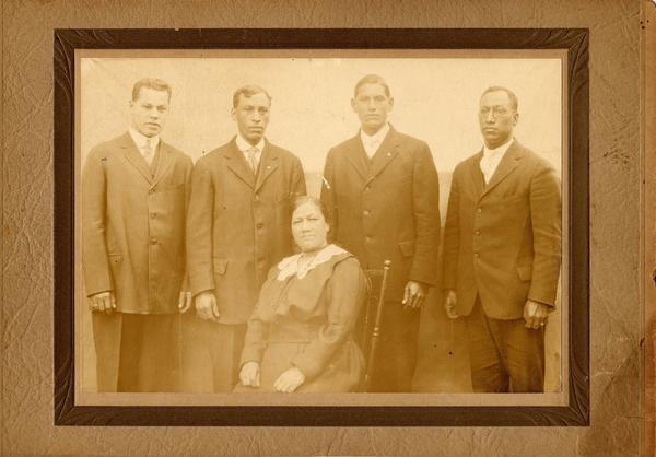 Martha "Mattie" Oakley Helme and her sons left to right Robert Godfrey Helme, Charles A. Helme, Irving Coombs Helme, Skylar Helme - Wampanaog circa 1900