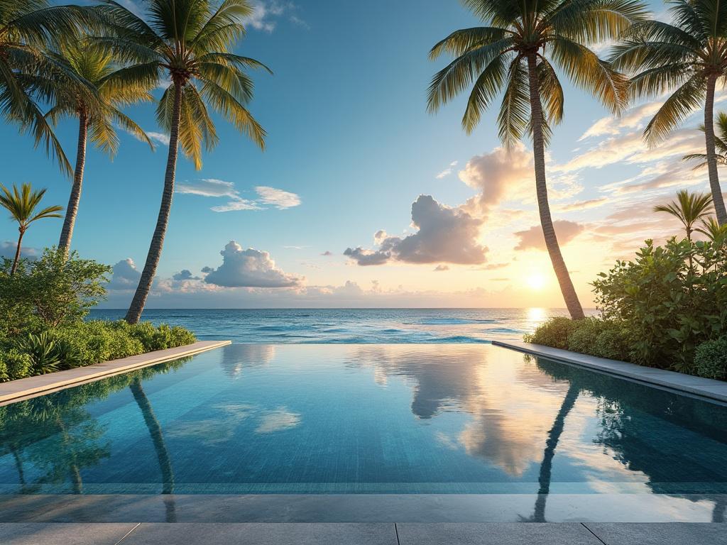 Piscina infinita con vistas al océano y palmeras al atardecer.