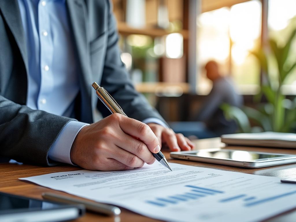 Persona con traje firmando documentos en una oficina iluminada, con gráficos y dispositivos electrónicos sobre la mesa.
