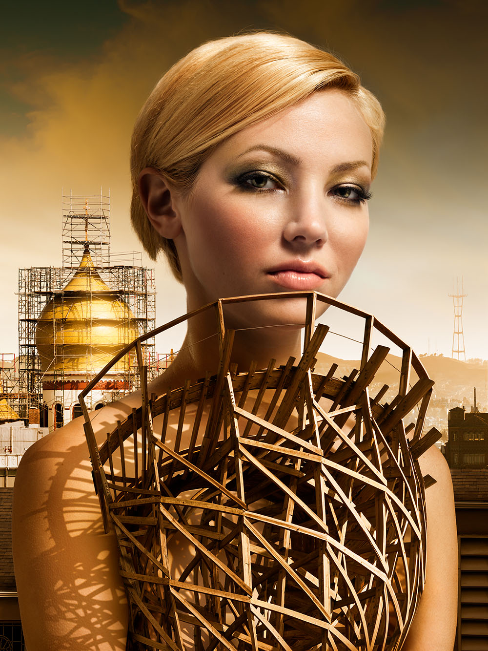 Surrealistic portrait of a beautiful woman wearing a dress made out of wooden scaffolding, with a golden dome in background.