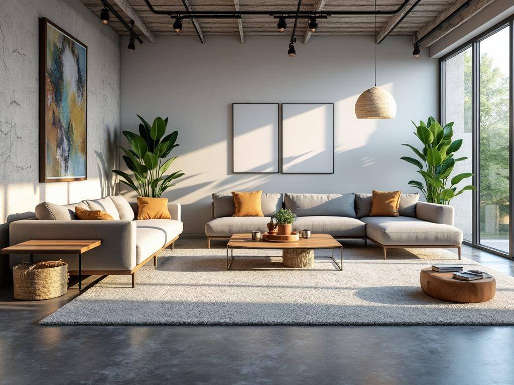 Sala de estar moderna con sofá gris, cojines naranjas, alfombra blanca, plantas verdes, cuadros abstractos y lámpara colgante de mimbre.