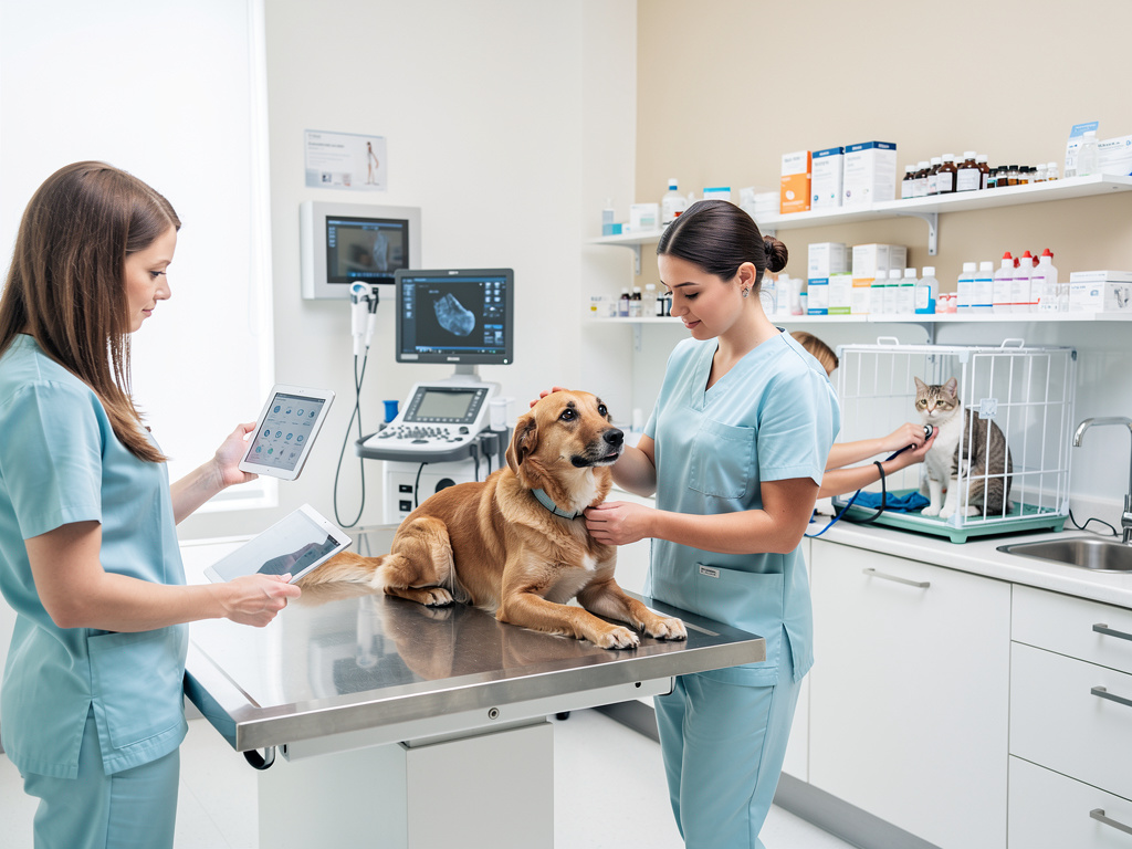Veterinarias examinando a un perro en clínica veterinaria moderna con ecógrafo y gato en jaula