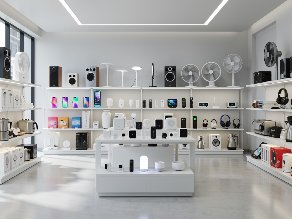 Tienda moderna de electrónica y hogar inteligente con altavoces, ventiladores, lámparas, cámaras, auriculares y electrodomésticos en estanterías blancas