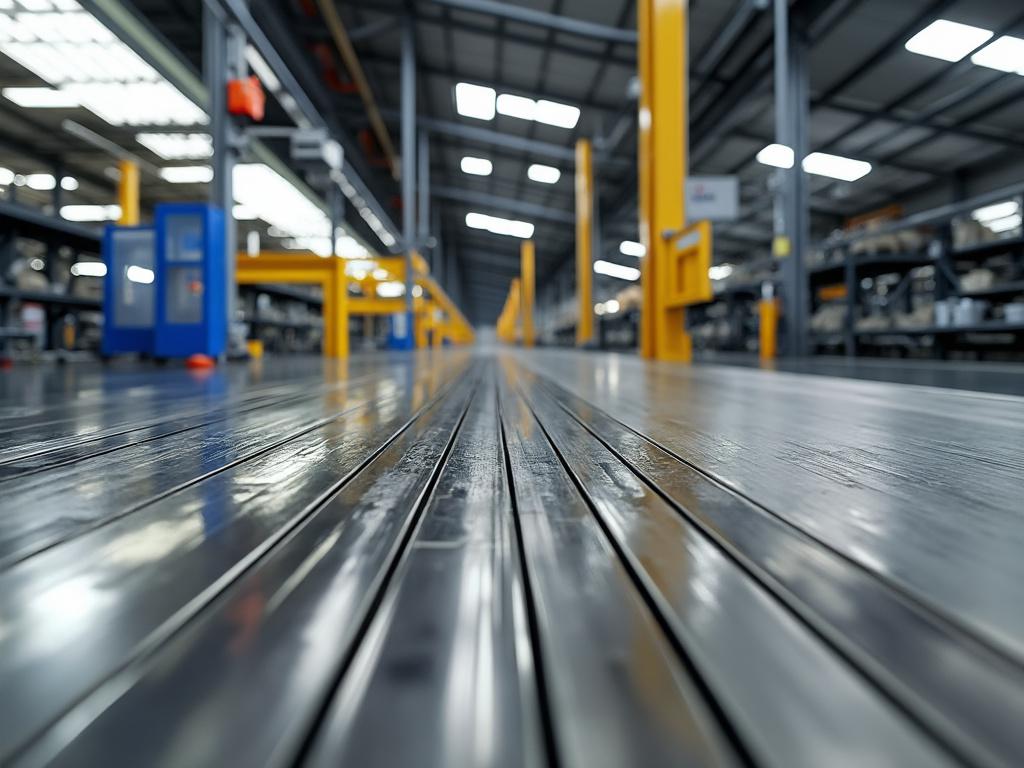 Modern industrial warehouse interior with metal flooring and rows of equipment, yellow and blue machinery visible under bright lighting.