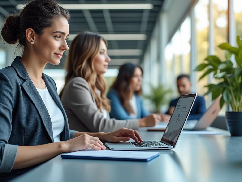 Mujeres profesionales trabajando en laptops en una oficina moderna con ventanas grandes y plantas de interior.