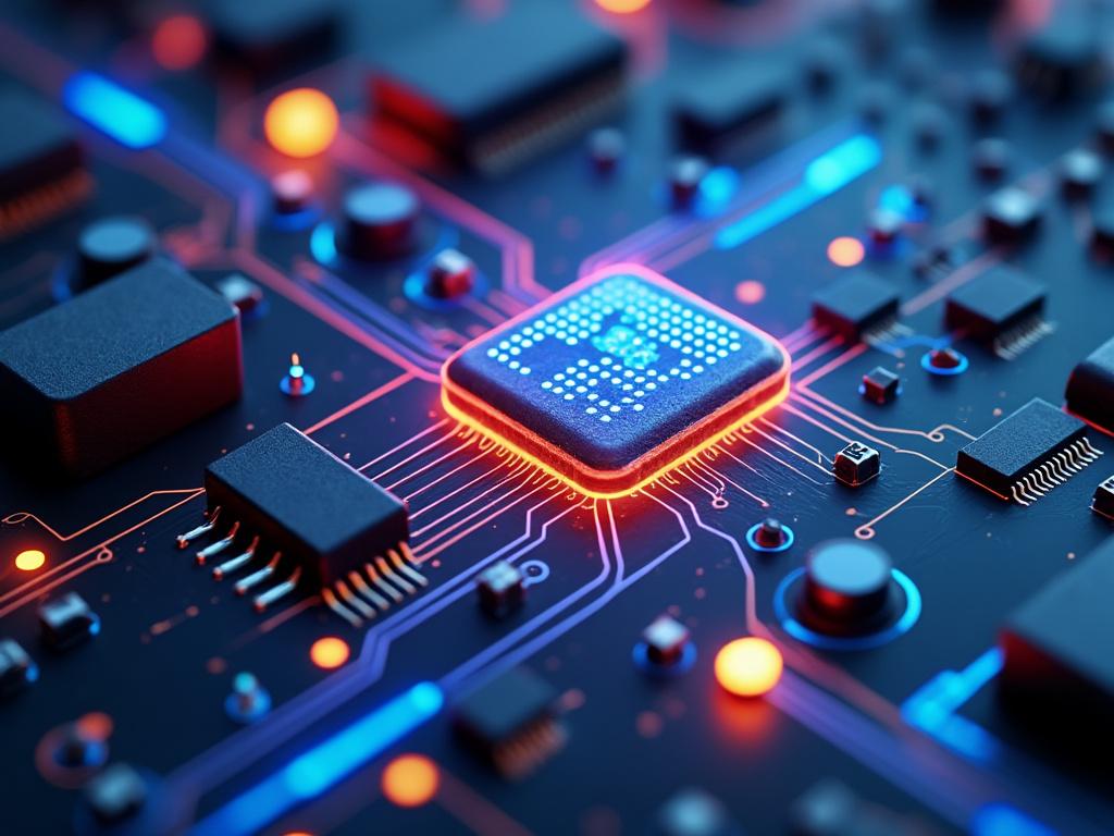 Close-up of a glowing microchip on a circuit board with neon blue and orange lighting, showcasing advanced technology and digital connections.