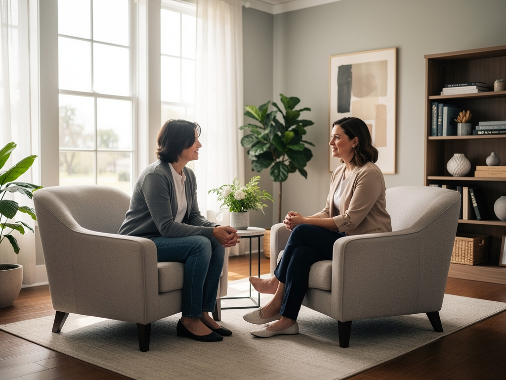 Two women having a counseling conversation in a bright modern therapy office with armchairs, plants, and bookshelf
