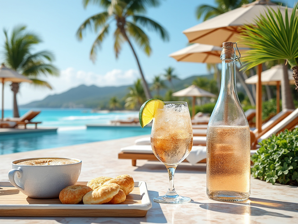 Mesa junto a la piscina con bebidas refrescantes, café y croissants frente al mar, rodeada de palmeras y sombrillas.