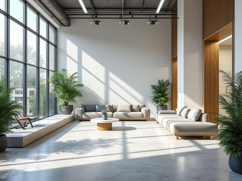 Sala de estar moderna con grandes ventanales, sofás beige, plantas decorativas y luz natural.