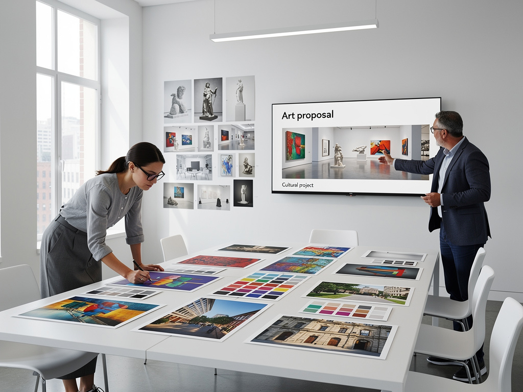 Equipo creativo revisando propuesta de arte en oficina moderna con muestras de diseño, paletas de color y presentación digital