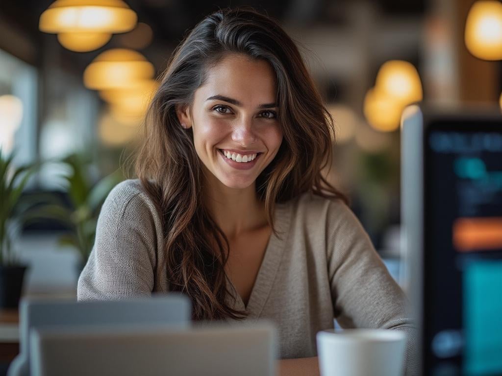 Smiling woman in a cozy cafe setting with warm ambient lighting.