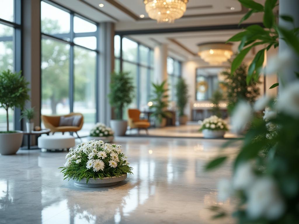 Vestíbulo elegante de hotel con decoración floral, grandes ventanales y candelabros lujosos.