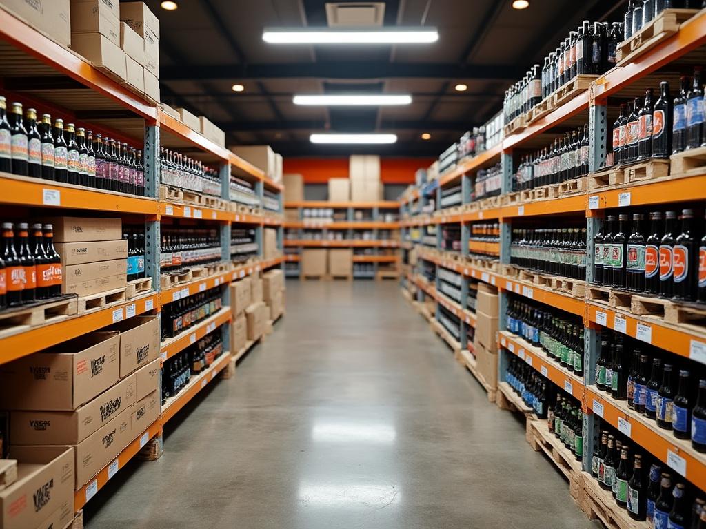 Pasillo de almacén con estanterías llenas de cajas de cartón y botellas de diferentes bebidas en un entorno bien iluminado.