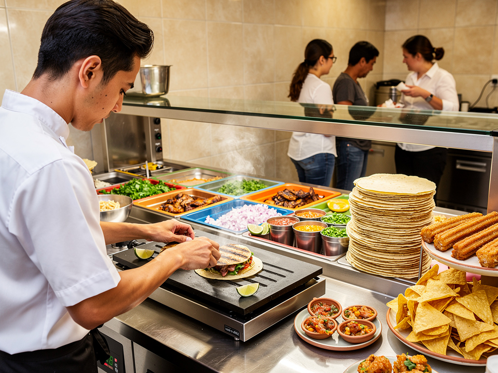 Chef preparando tacos en cocina mexicana con tortillas, salsas, nachos y churros en barra de restaurante