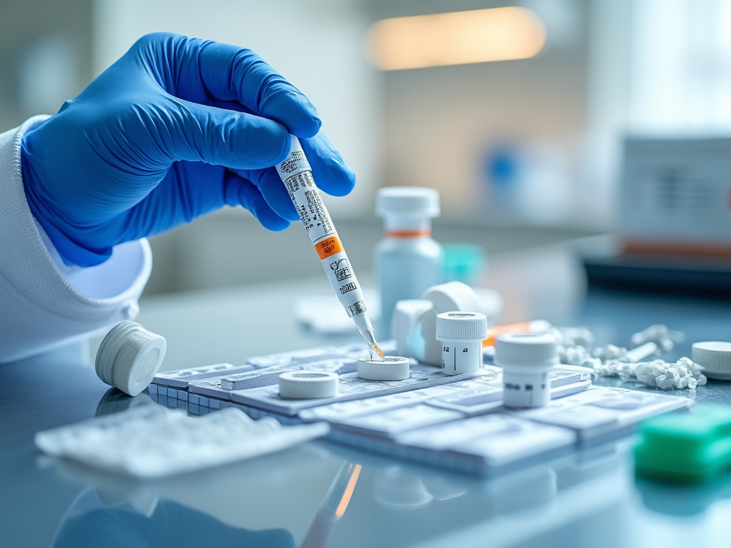 Mano con guante azul aplicando muestra con pipeta en prueba rápida de diagnóstico en laboratorio médico