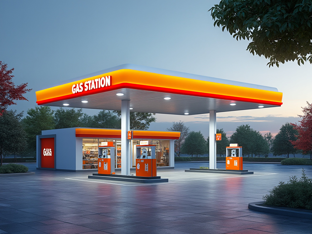 Estación de servicio moderna al atardecer con dispensadores de gasolina iluminados.