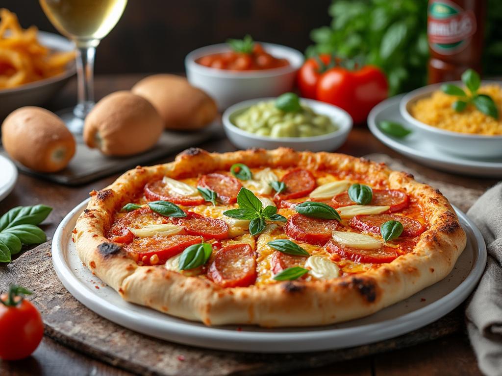 Pizza recién horneada con tomates, queso, albahaca y guarniciones sobre una mesa rústica, junto a una copa de vino blanco y rodajas de pan.