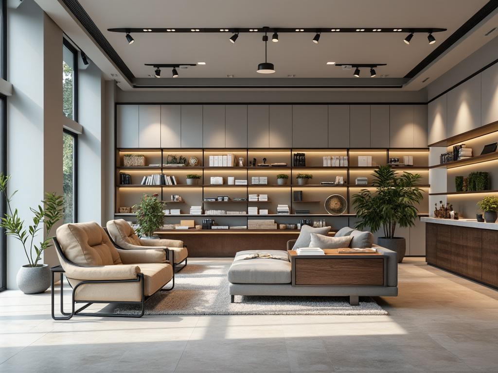 Sala moderna con estanterías iluminadas, sofás beige, gran ventanal y plantas decorativas.