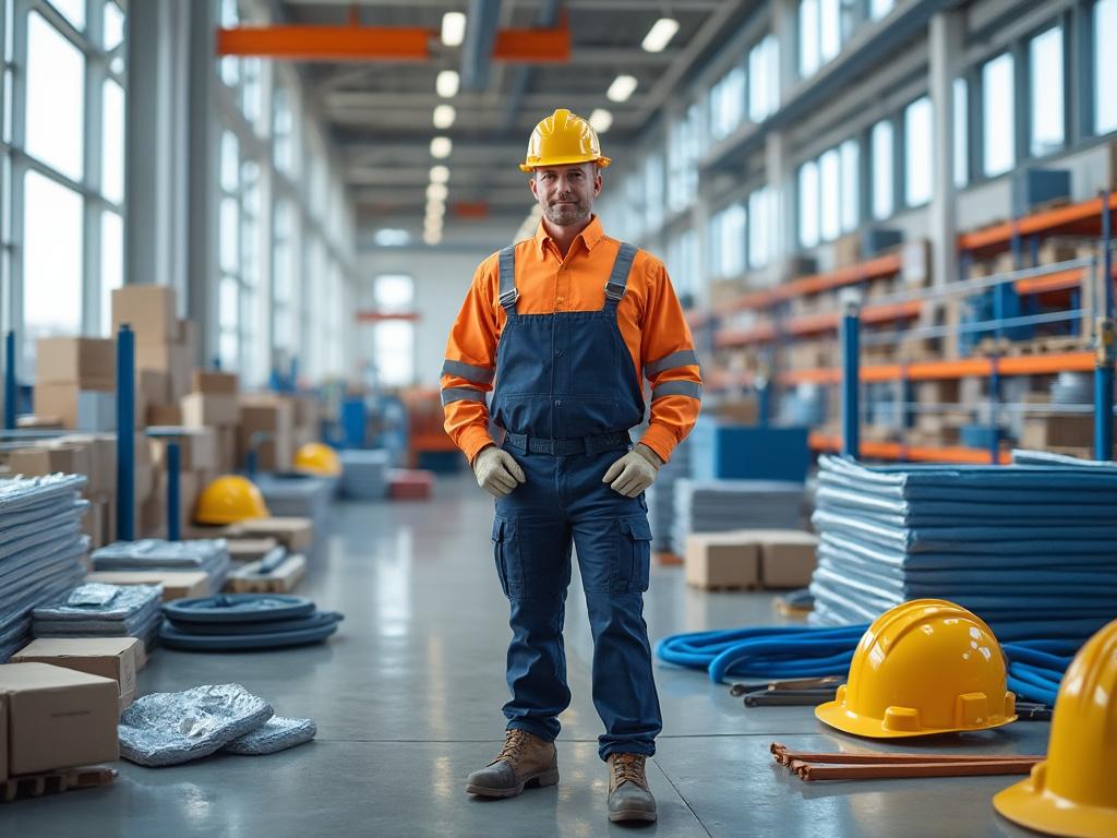 Trabajador de almacén con casco amarillo y uniforme de seguridad en almacén industrial, rodeado de cajas y equipos.