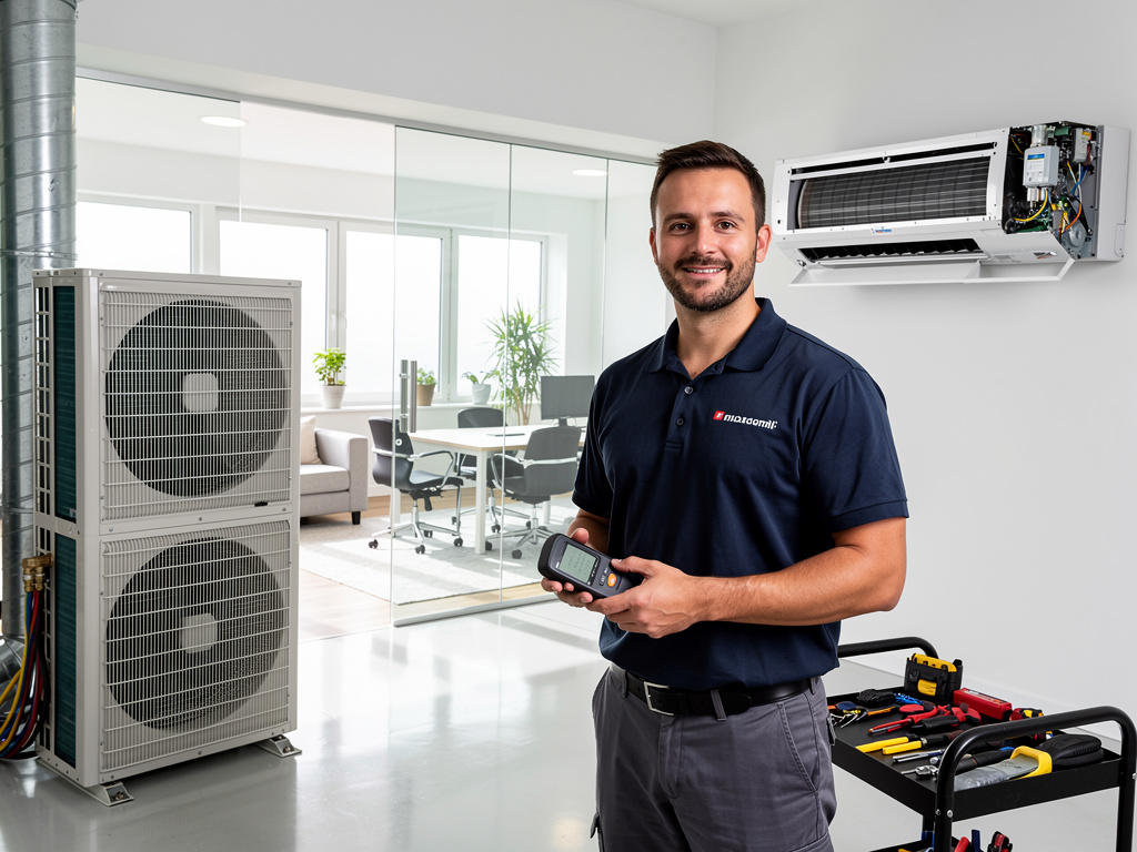 Técnico de climatización con herramientas realizando mantenimiento de aire acondicionado en oficina moderna
