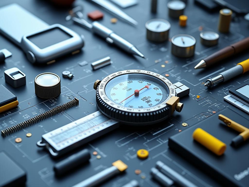 Herramientas de ingeniería y dispositivos electrónicos en un fondo de planos técnicos.