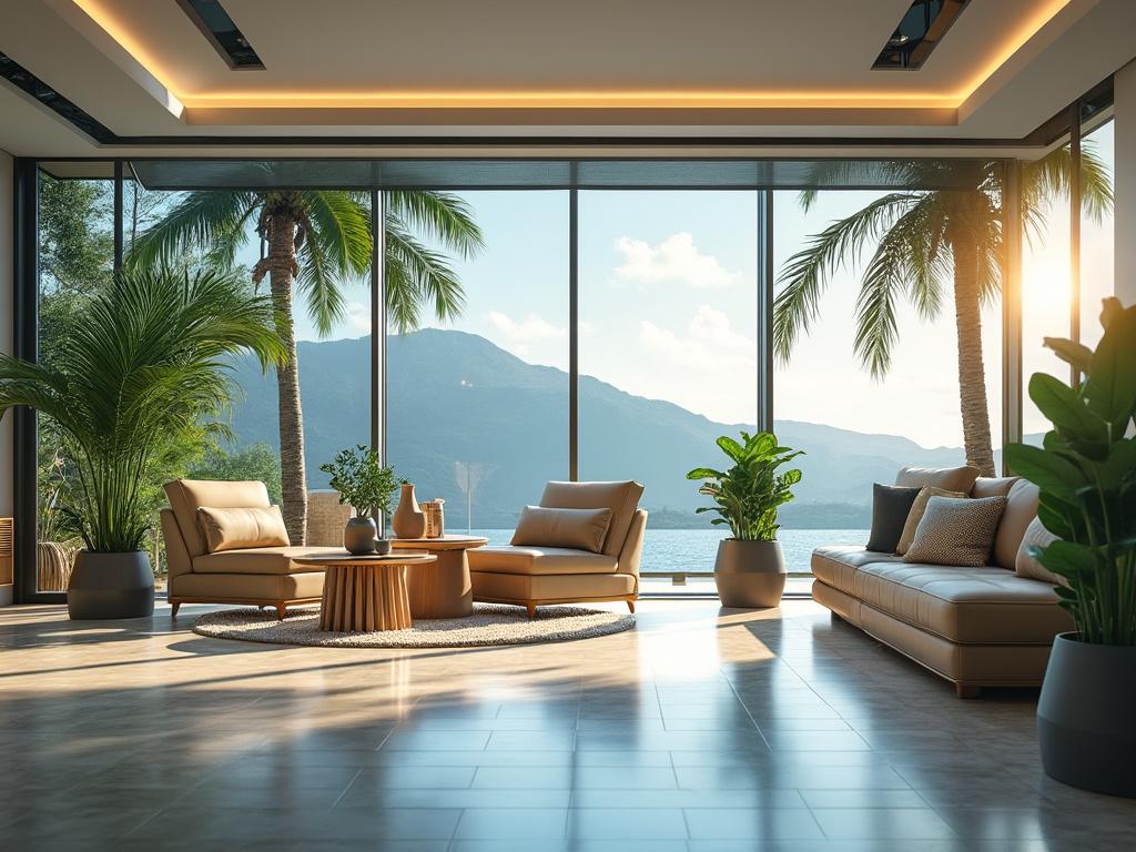 Sala de estar moderna con sofás beige, plantas de interior y vista panorámica al lago y montañas al atardecer.