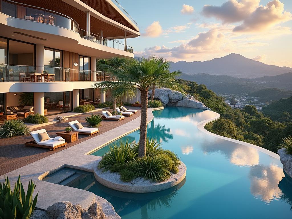 Lujosa terraza con piscina infinita y vistas panorámicas a las montañas al atardecer.