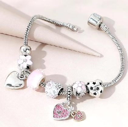 Obega Love Heart Flower Glass Pendant Charm Bracelet Classic Pink White Crystal Stone Adjustable Bead Bracelet Silver Gold Color