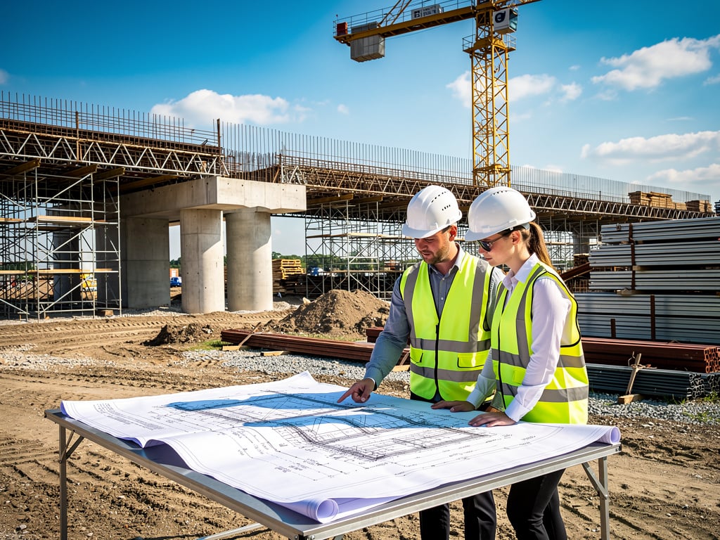 Ingenieros con casco y chaleco revisan planos en obra de construcción de puente con grúa y andamios