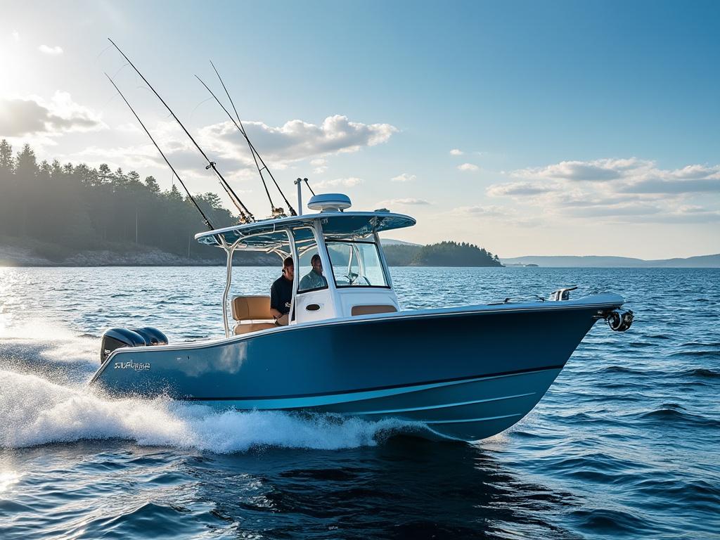 Lancha azul surcando el mar con dos personas a bordo, rodeada de paisaje natural y cielo despejado.