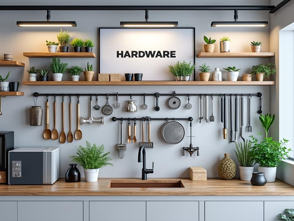 Cocina moderna con estantes de madera, utensilios colgados, plantas decorativas y letrero de 'HARDWARE' en la pared. Cocina moderna con estantes de madera, utensilios colgados, plantas decorativas y letrero de 'HARDWARE' en la pared.