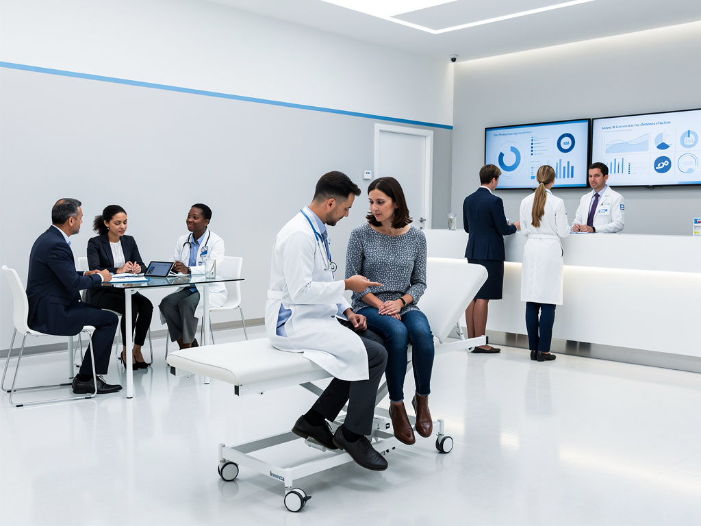 Clínica médica moderna con doctores atendiendo pacientes y pantallas de análisis de salud