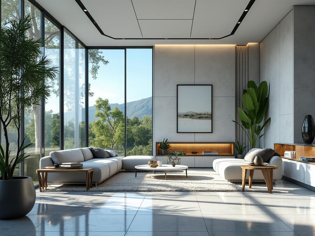 Modern living room with large windows, white sofas, indoor plants, and scenic outdoor view.