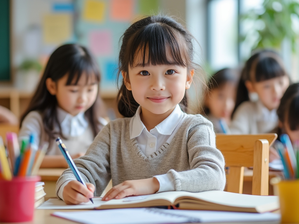 Niña sonriendo mientras escribe en un cuaderno en un aula con otros niños al fondo.