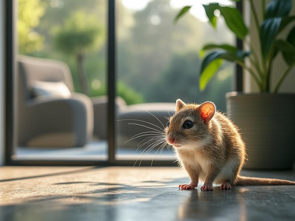 Ratón de campo sobre suelo de madera en sala iluminada, planta en maceta al fondo.