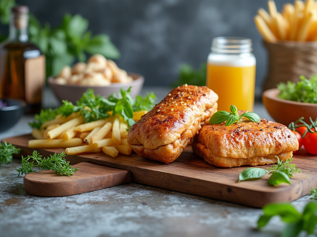 Deliciosos sándwiches dorados con papas fritas en tabla de madera, acompañados de jugo de naranja y ensalada verde.