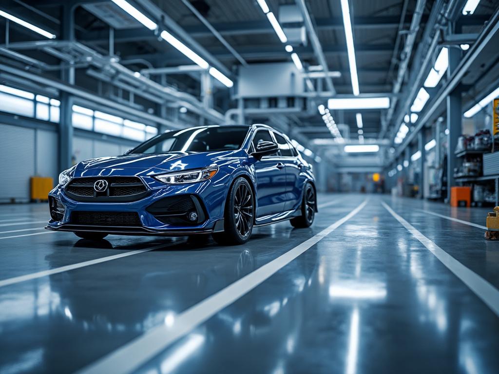 Coche deportivo azul estacionado en un garaje moderno con iluminación brillante.