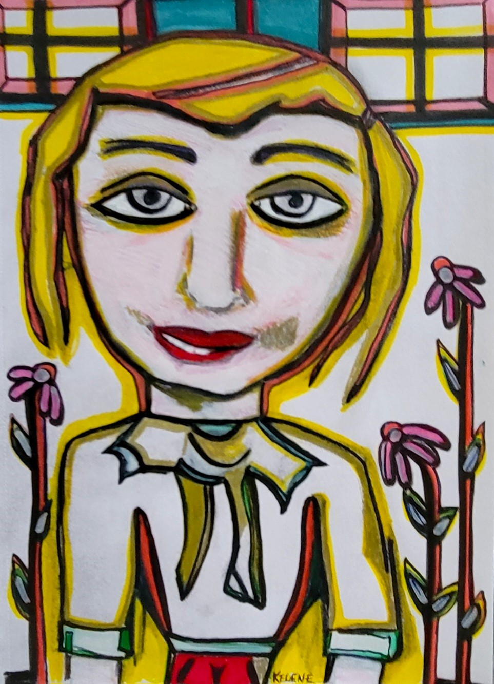 Title: In my Garden. 12 x 14 pen and paint on paper. Kelene 2022 $120.00 framed