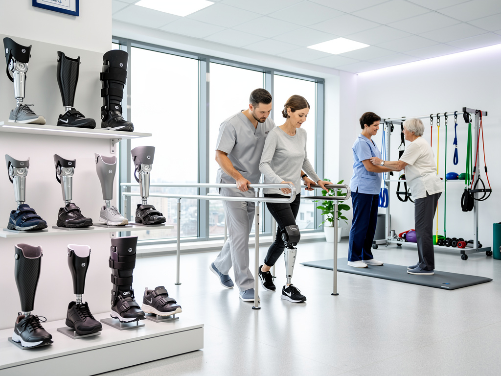 Centro de rehabilitación con prótesis de pierna, fisioterapeutas asistiendo a pacientes y equipos ortopédicos modernos