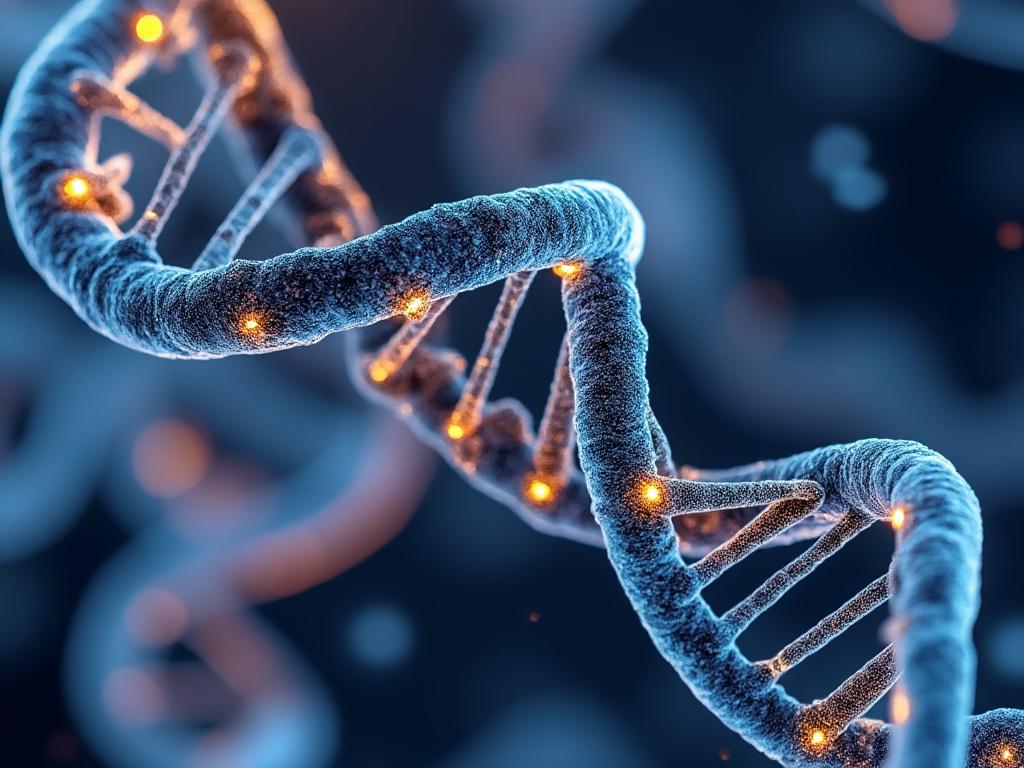 Close-up of a glowing DNA double helix structure with highlighted connection points, representing genetic science and biotechnology.
Close-up of a glowing DNA double helix structure with highlighted connection points, representing genetic science and biotechnology.