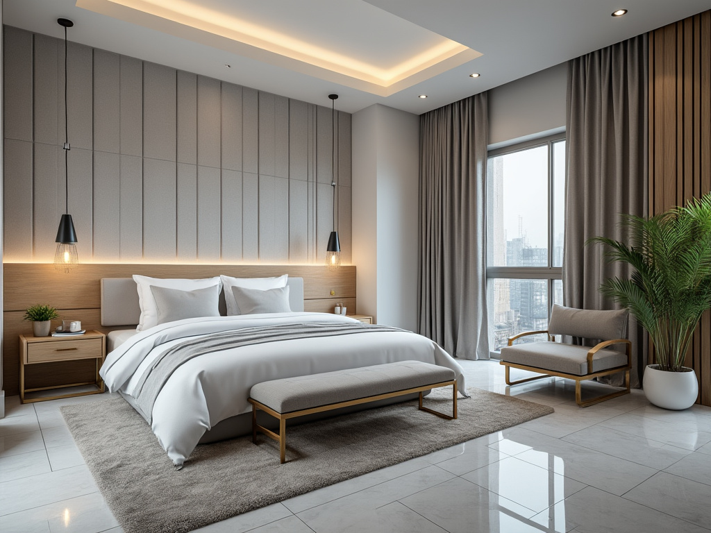 Habitación moderna y elegante con cama de matrimonio, iluminación suave, sillas de madera, alfombra gris, y gran ventana con cortinas.