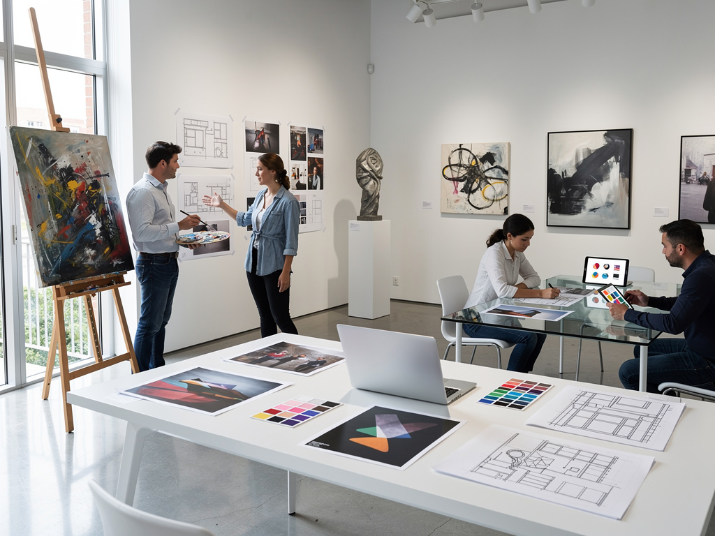 Estudio de arte moderno con artistas colaborando, lienzo abstracto en caballete, bocetos, paletas de color y obras en galería