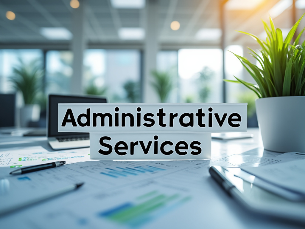 Oficina moderna con planta y documentos en escritorio, texto 'Administrative Services'.