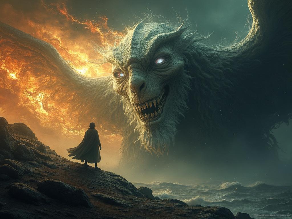Fantasy scene depicting a cloaked figure standing on a rocky shore, confronting a massive dragon with fiery wings and glowing eyes, set against a dramatic sunset.