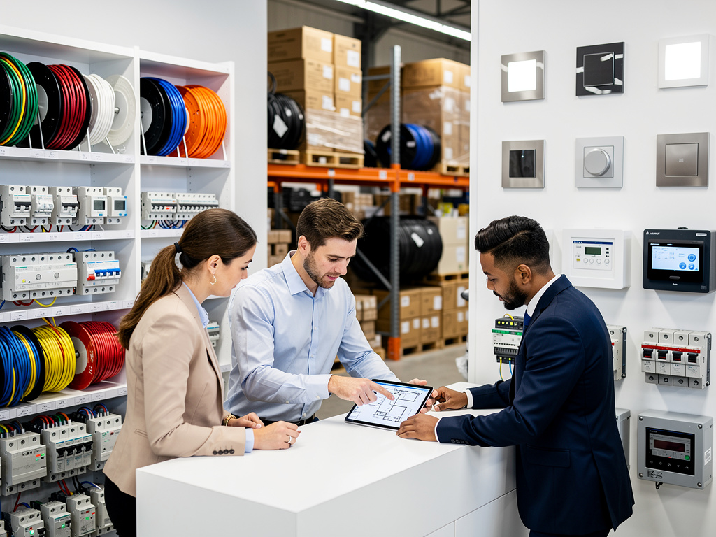 Equipo de profesionales revisando planos eléctricos en tablet dentro de tienda de suministros eléctricos con cables, interruptores y paneles de control Equipo de profesionales revisando planos eléctricos en tablet dentro de tienda de suministros eléctricos con cables, interruptores y paneles de control