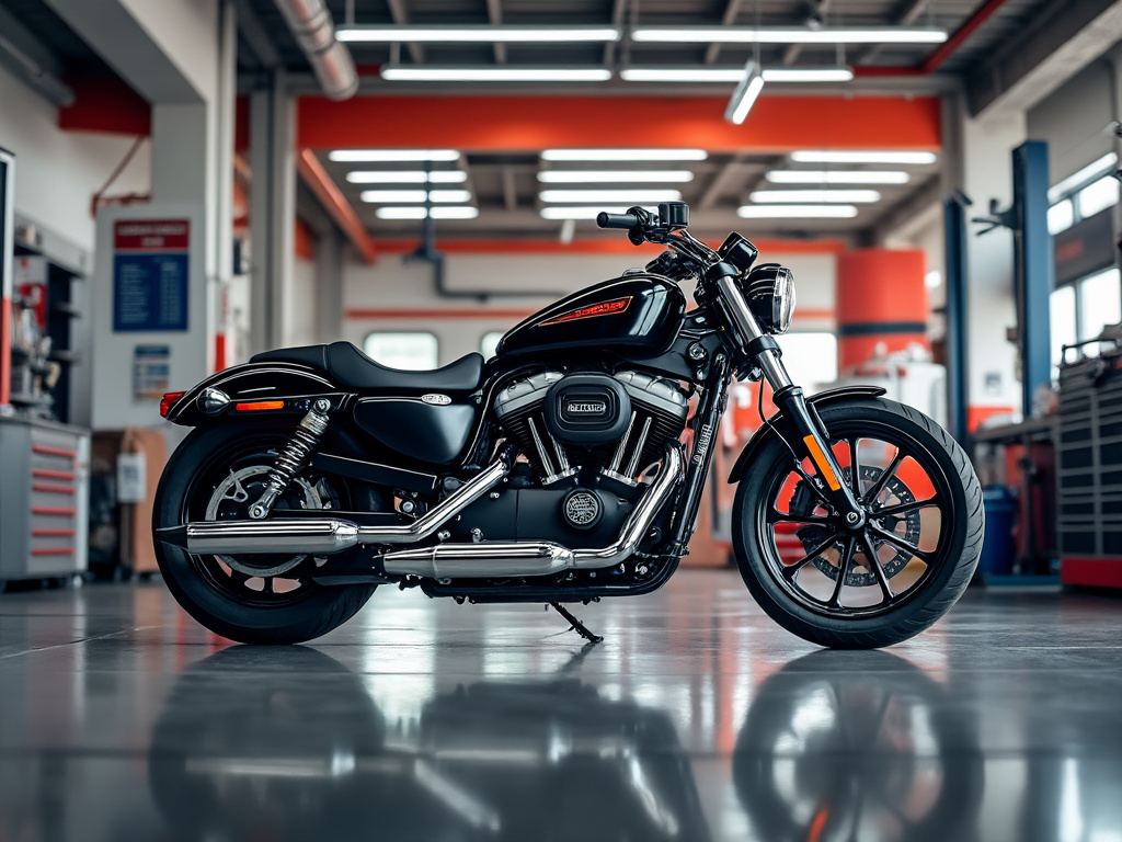 Motocicleta negra en taller bien iluminado con detalles cromados y diseño moderno.