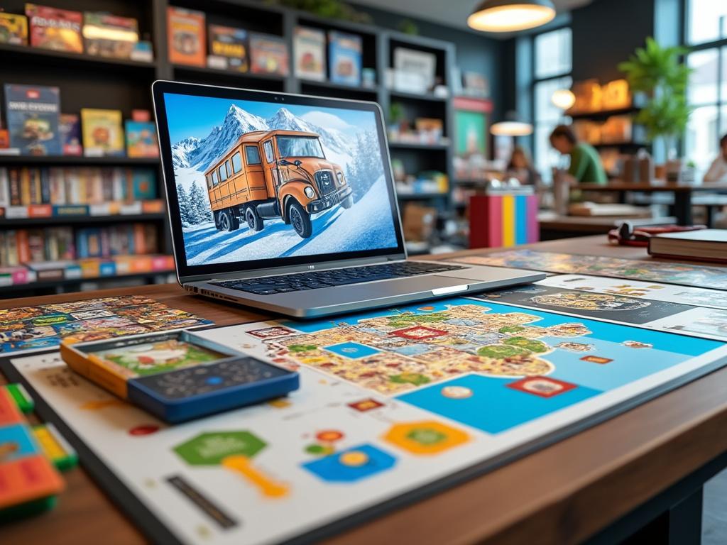 Portátil en mesa con juegos de mesa, pantalla mostrando autobús naranja en paisaje nevado, fondo de librería.