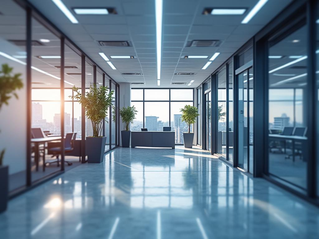 Oficina moderna con grandes ventanales, plantas y luz natural.