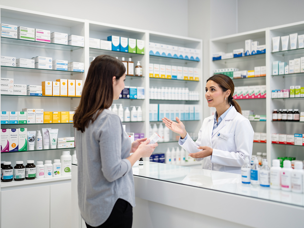 Farmacéutica asesorando a una clienta sobre medicamentos en una farmacia moderna